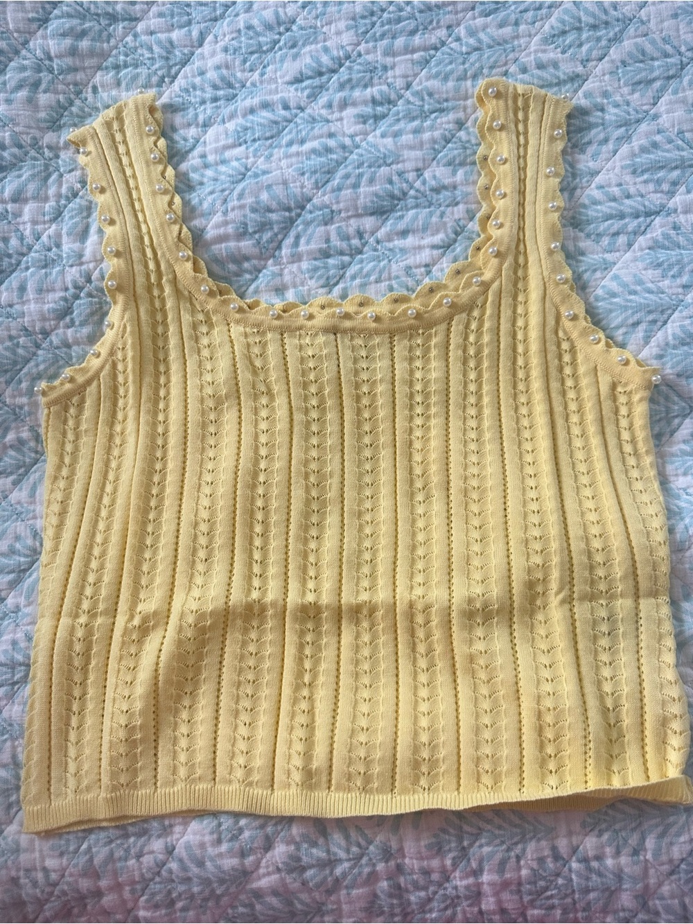 Peach Love California Pale Yellow Knit Pearl-Trim Tank